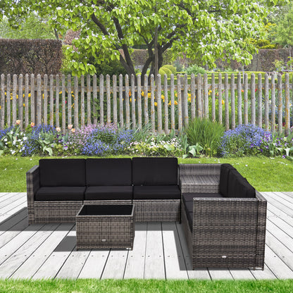 Outsunny 8 pcs Outdoor Rattan Garden Furniture Patio Sofa and Table Set with Cushions 6 Seater Corner Wicker Seat with Storage, Grey