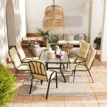 7 Piece Garden Dining Set, Outdoor Dining Table and 6 Cushioned Armchairs, Tempered Glass Top Table w/ Umbrella Hole, Texteline Seats, Beige