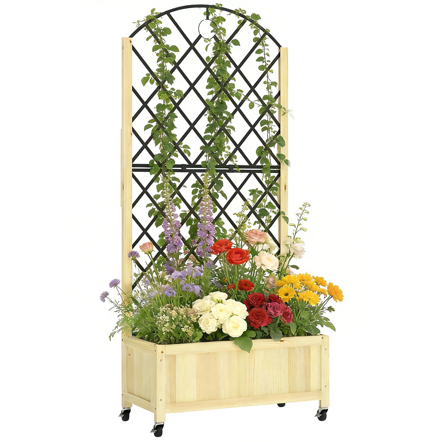 Garden Bed w/Metal Trellis, Wooden Elevated Planter Box, Natural