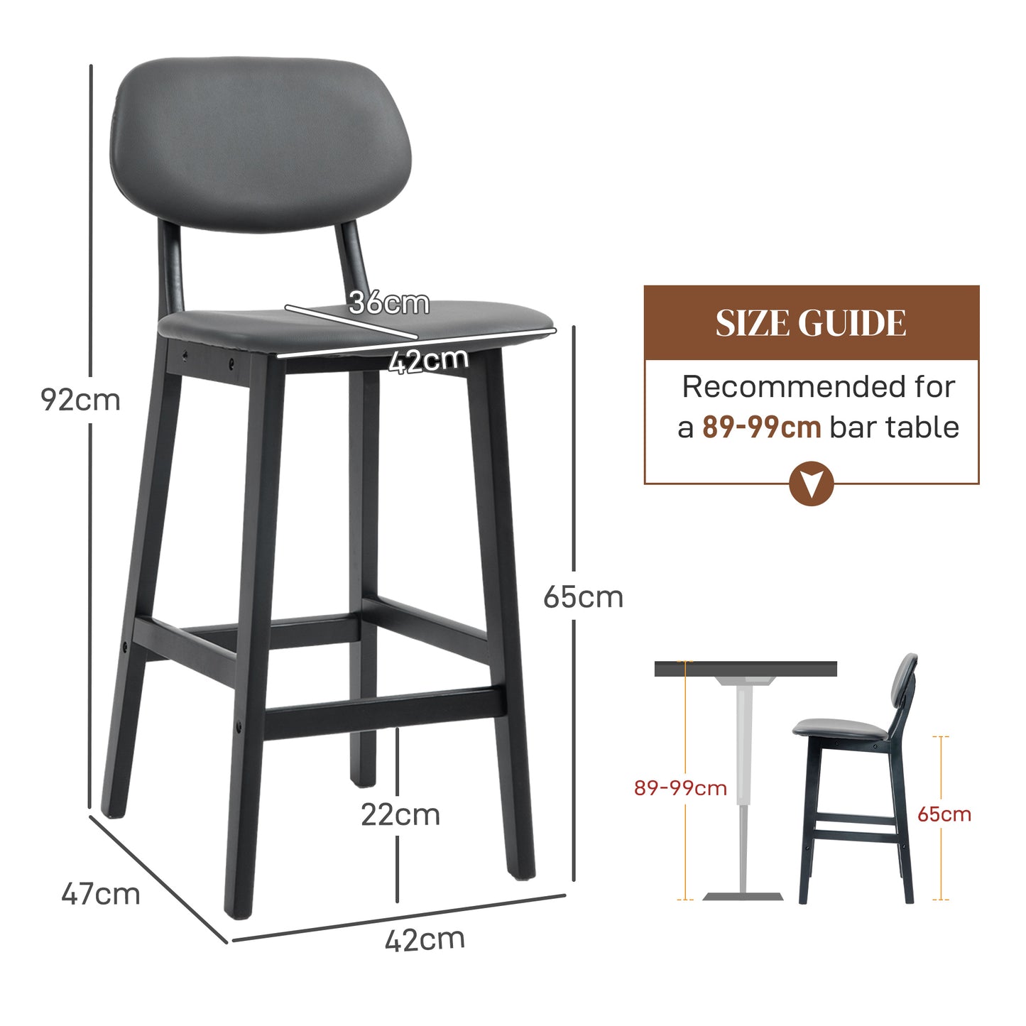 Breakfast Bar stools Set of 2 with PU Leather Cover, Wood Legs, Dark Grey
