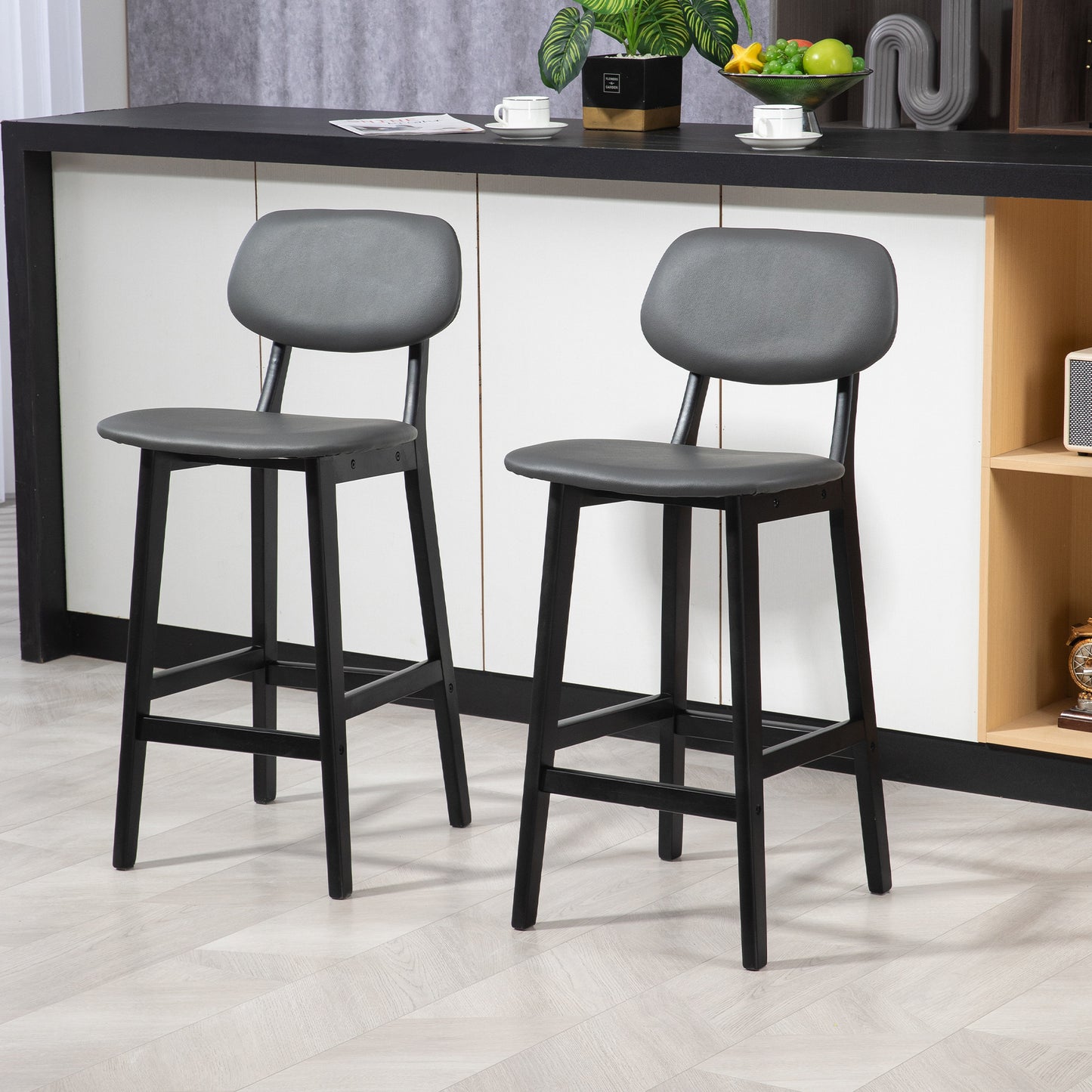 Breakfast Bar stools Set of 2 with PU Leather Cover, Wood Legs, Dark Grey