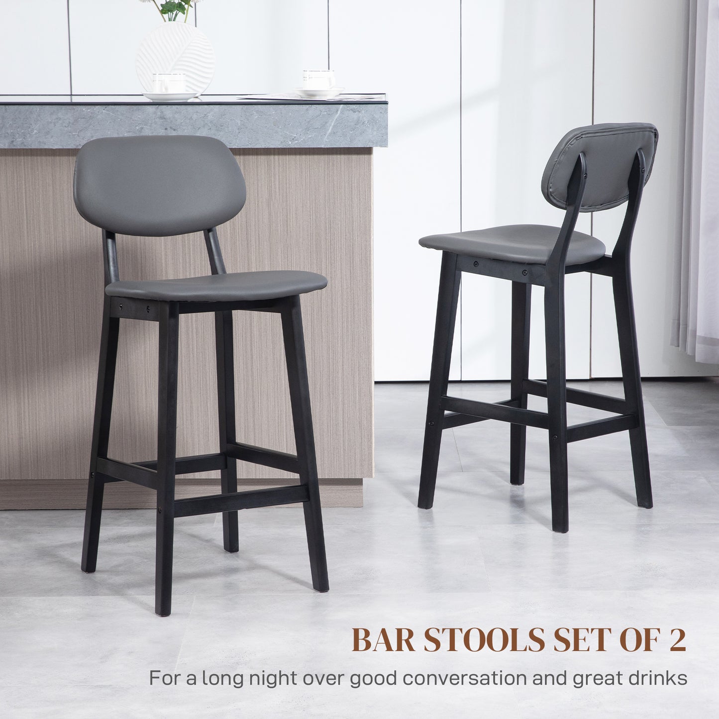 Breakfast Bar stools Set of 2 with PU Leather Cover, Wood Legs, Dark Grey