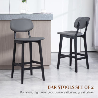 Breakfast Bar stools Set of 2 with PU Leather Cover, Wood Legs, Dark Grey