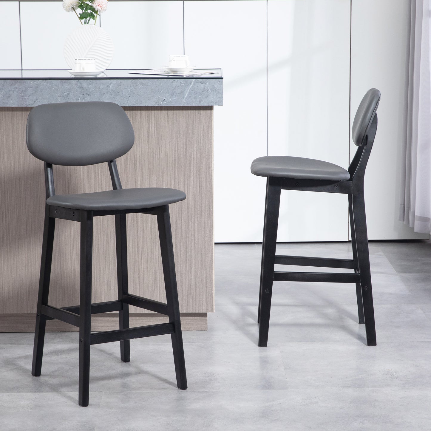 Breakfast Bar stools Set of 2 with PU Leather Cover, Wood Legs, Dark Grey