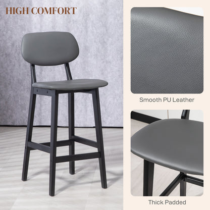 Breakfast Bar stools Set of 2 with PU Leather Cover, Wood Legs, Dark Grey