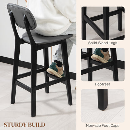 Breakfast Bar stools Set of 2 with PU Leather Cover, Wood Legs, Dark Grey