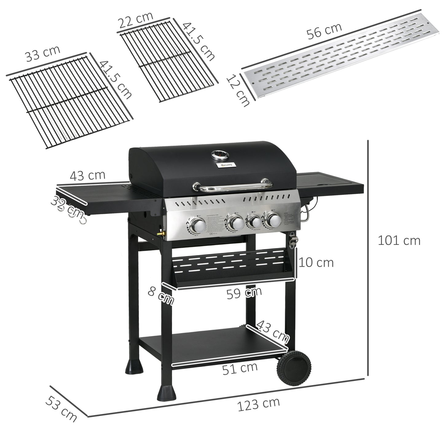 Galvanised Steel 3+1 Gas Burner BBQ Grill Trolley, Black