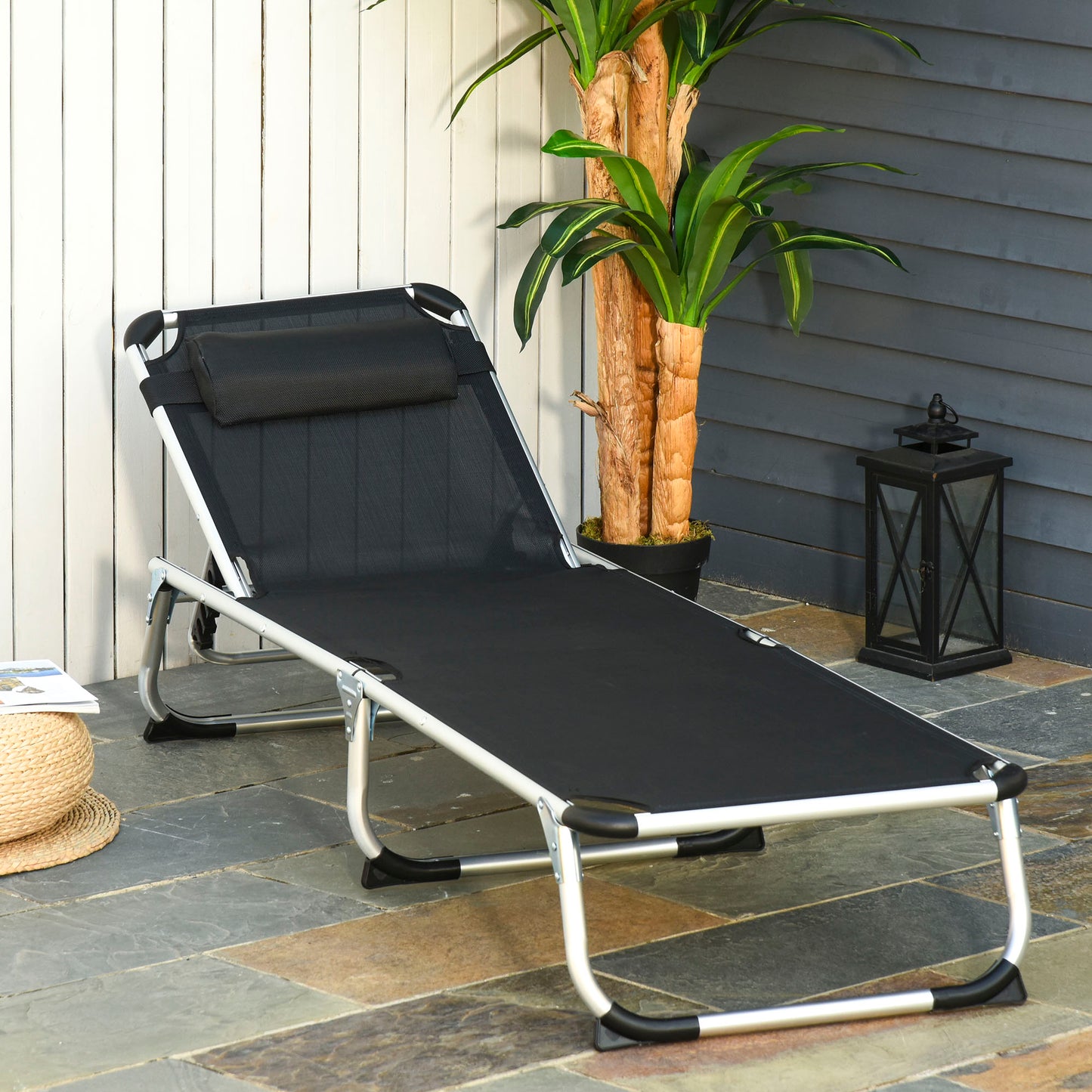 Folding Outdoor Reclining Sun Lounger Chair Aluminium Frame Black