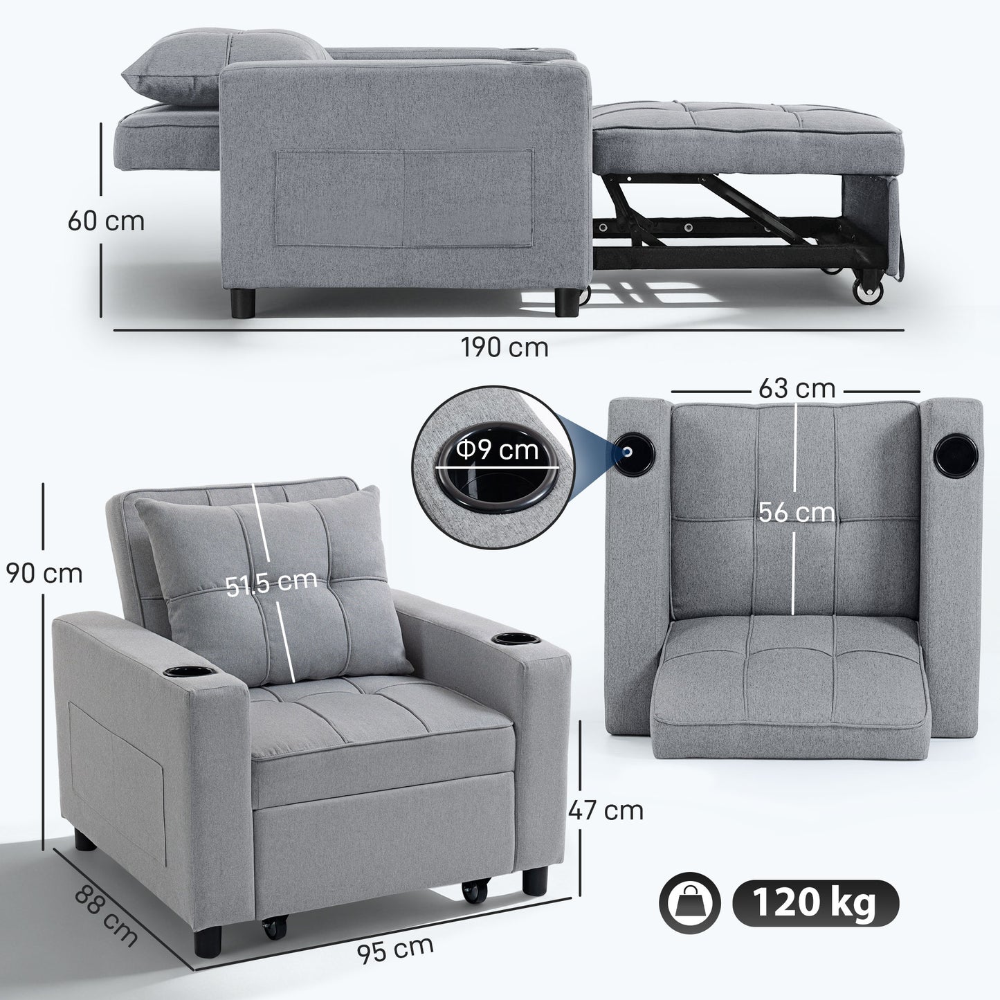 3-in-1 Sofa Bed, Convertible Sleeper Chair with Adjustable Backrest