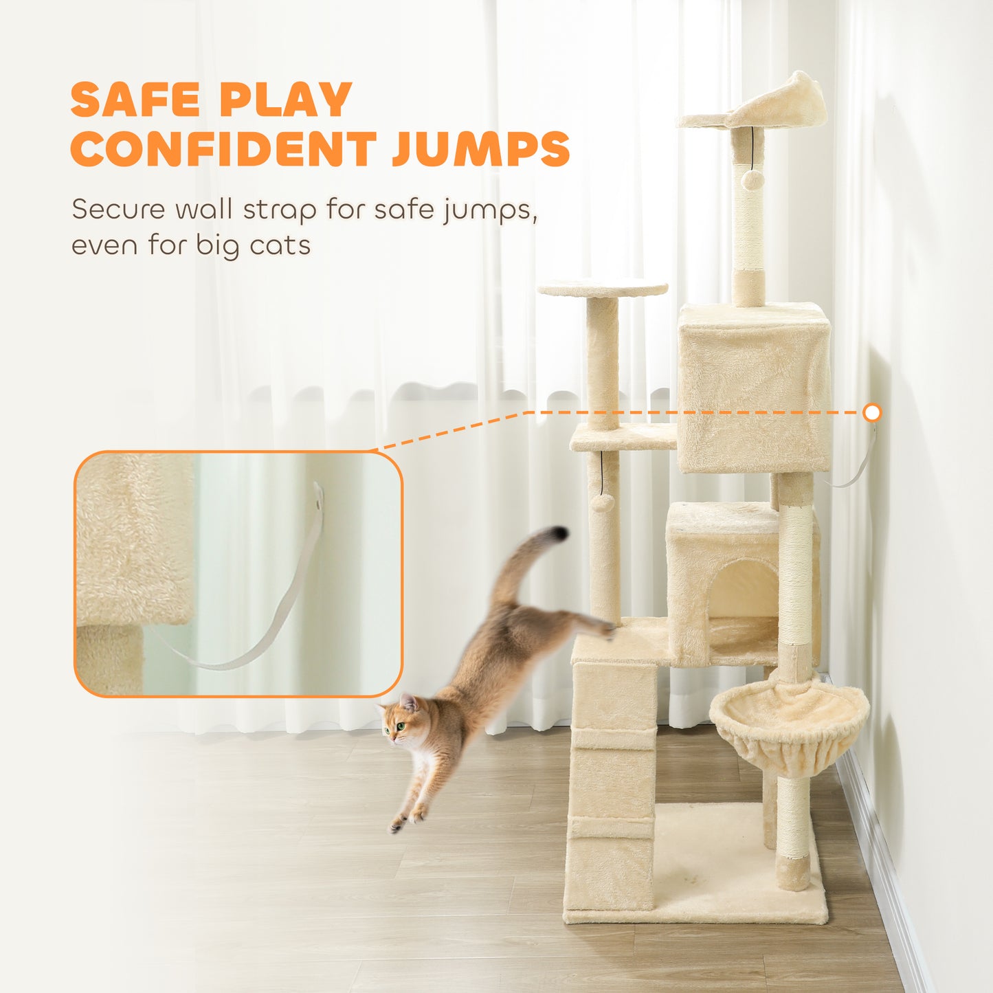 180cm Cat Tree Tower with Sisal Scratching Posts, Condos, Beige