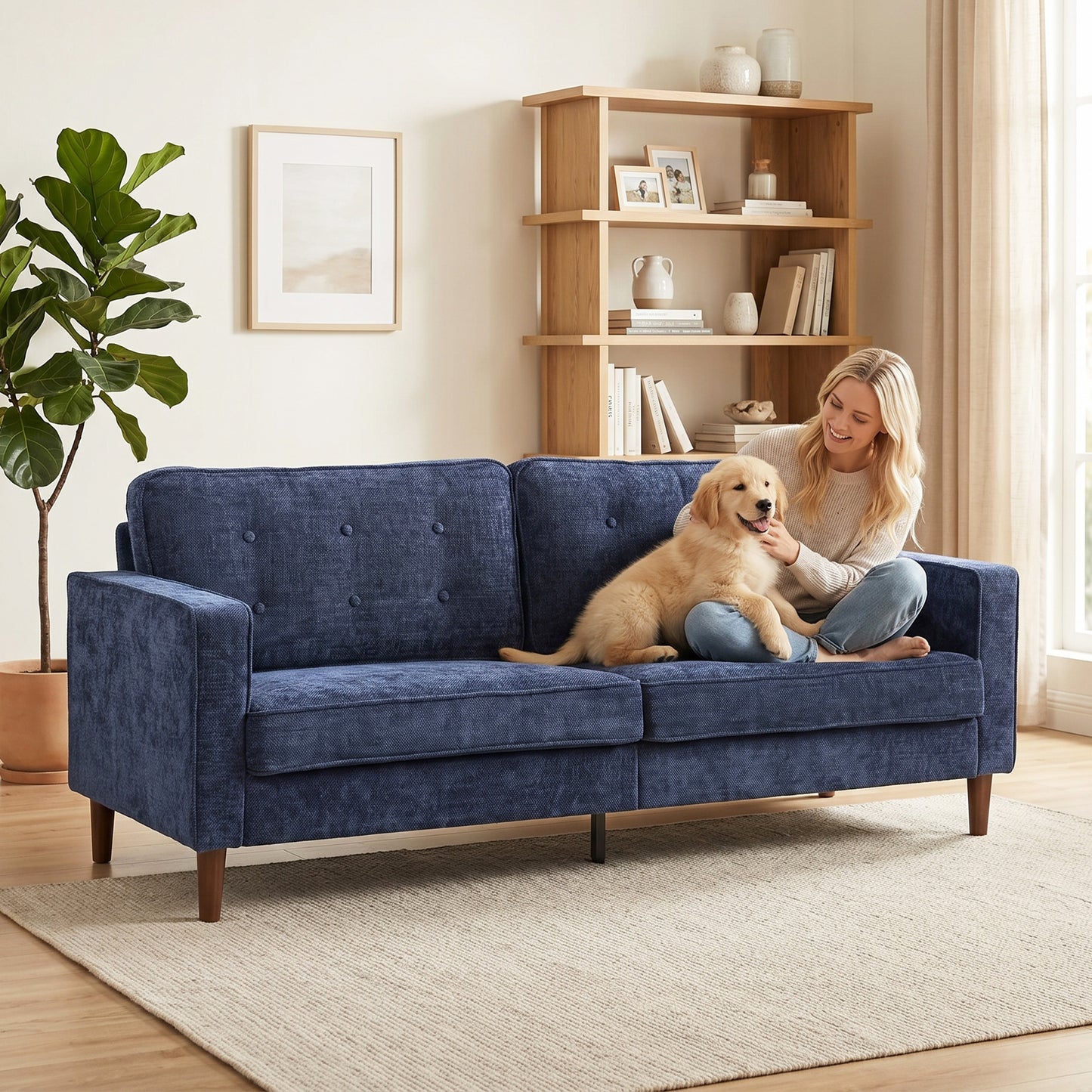 3 Seater Sofa, Upholstered Small Couch for Bedroom, Modern Futon Sofa Settee with Padded Cushion, Button Tufting and Wood Legs for Living Room, Dark Blue
