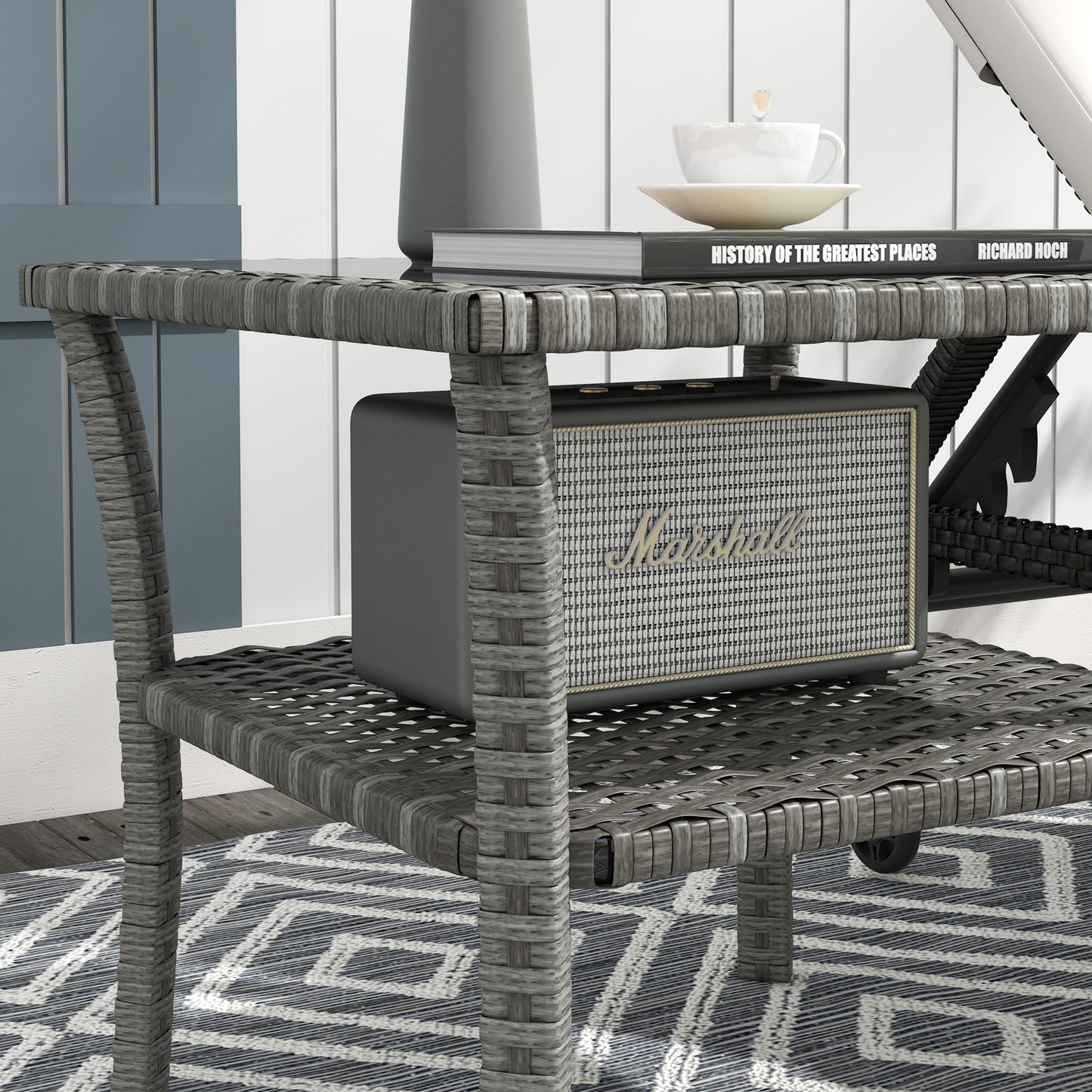 50cm Outdoor PE Rattan Coffee Table, Patio Wicker Two-tier Side Table with Glass Top, for Patio, Garden, Balcony, Grey