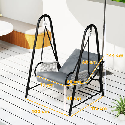 Rattan Swing Chair with Stand and Seat Cushion, Light Grey