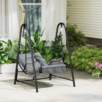 Rattan Swing Chair with Stand and Seat Cushion, Light Grey