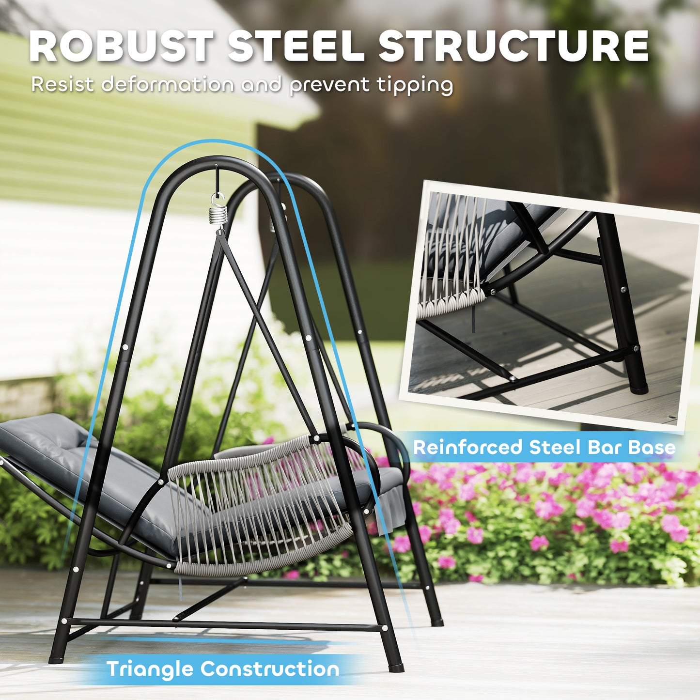 Rattan Swing Chair with Stand and Seat Cushion, Light Grey