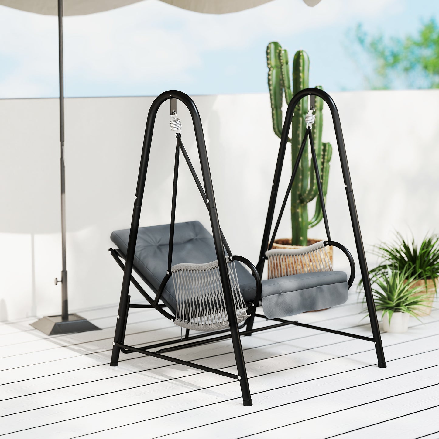 Rattan Swing Chair with Stand and Seat Cushion, Light Grey