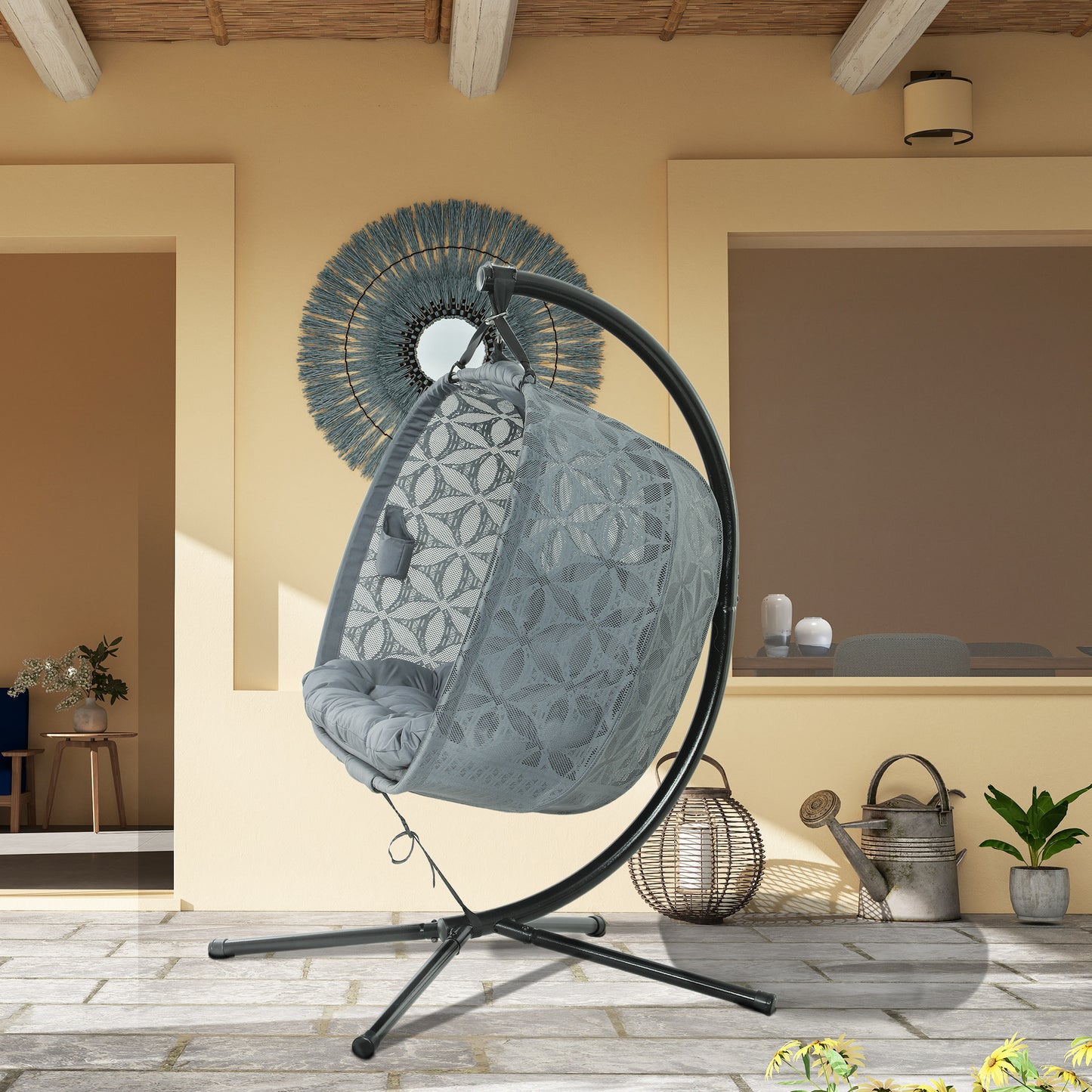 Double Hanging Swing Chair w/ Stand & Cup Holders, Charcoal Grey