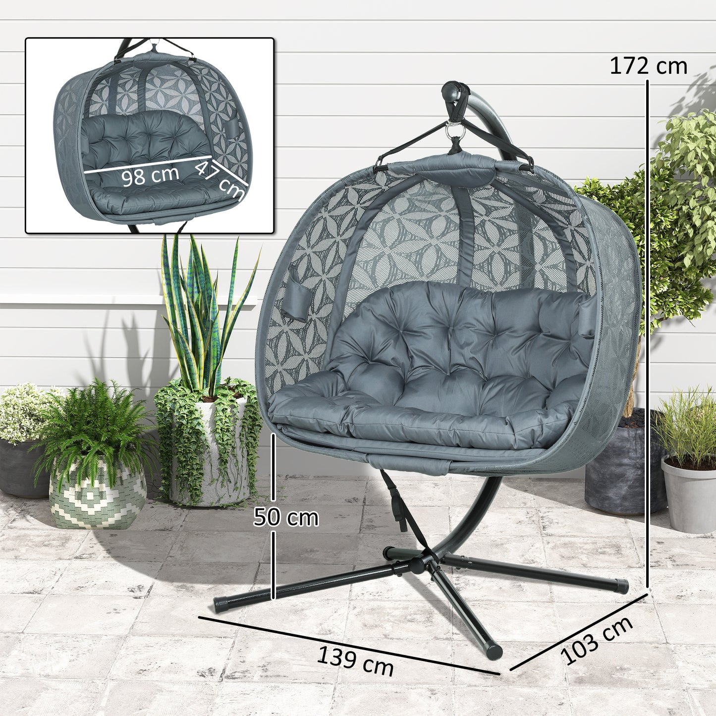 Double Hanging Swing Chair w/ Stand & Cup Holders, Charcoal Grey