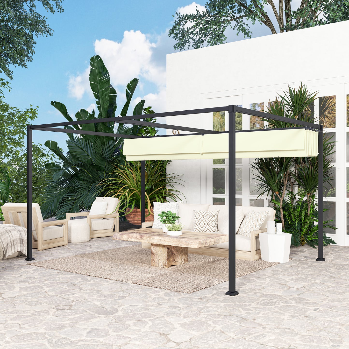 4x3m Metal Pergola Gazebo Patio Sunshelter Retractable Canopy Cream