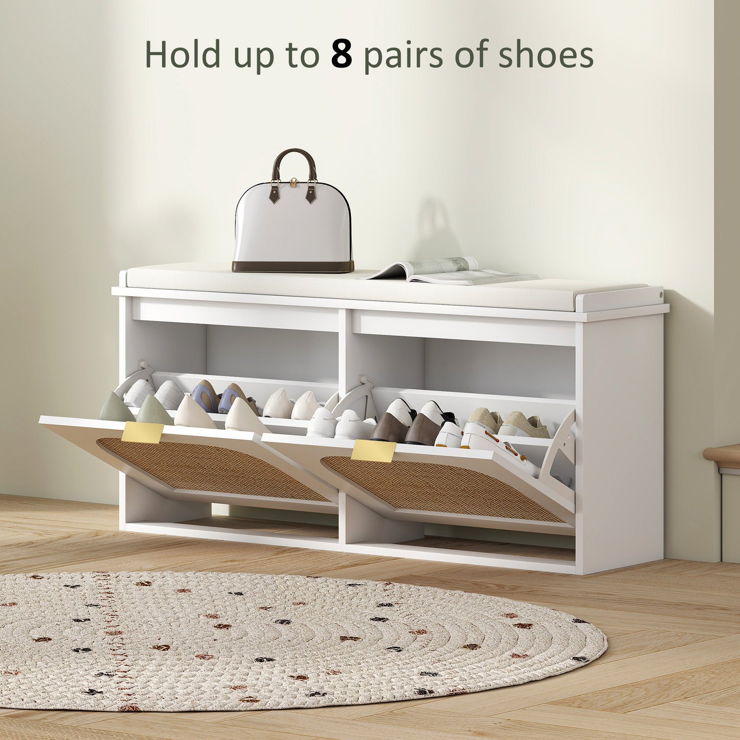 Boho Shoe Bench with Padded Seat and 2 Flip-Drawers, White