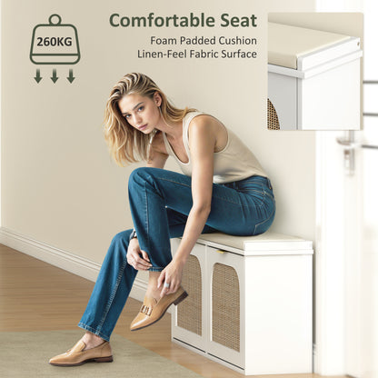 Boho Shoe Bench with Padded Seat and 2 Flip-Drawers, White