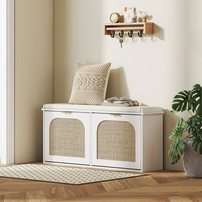 Boho Shoe Bench with Padded Seat and 2 Flip-Drawers, White