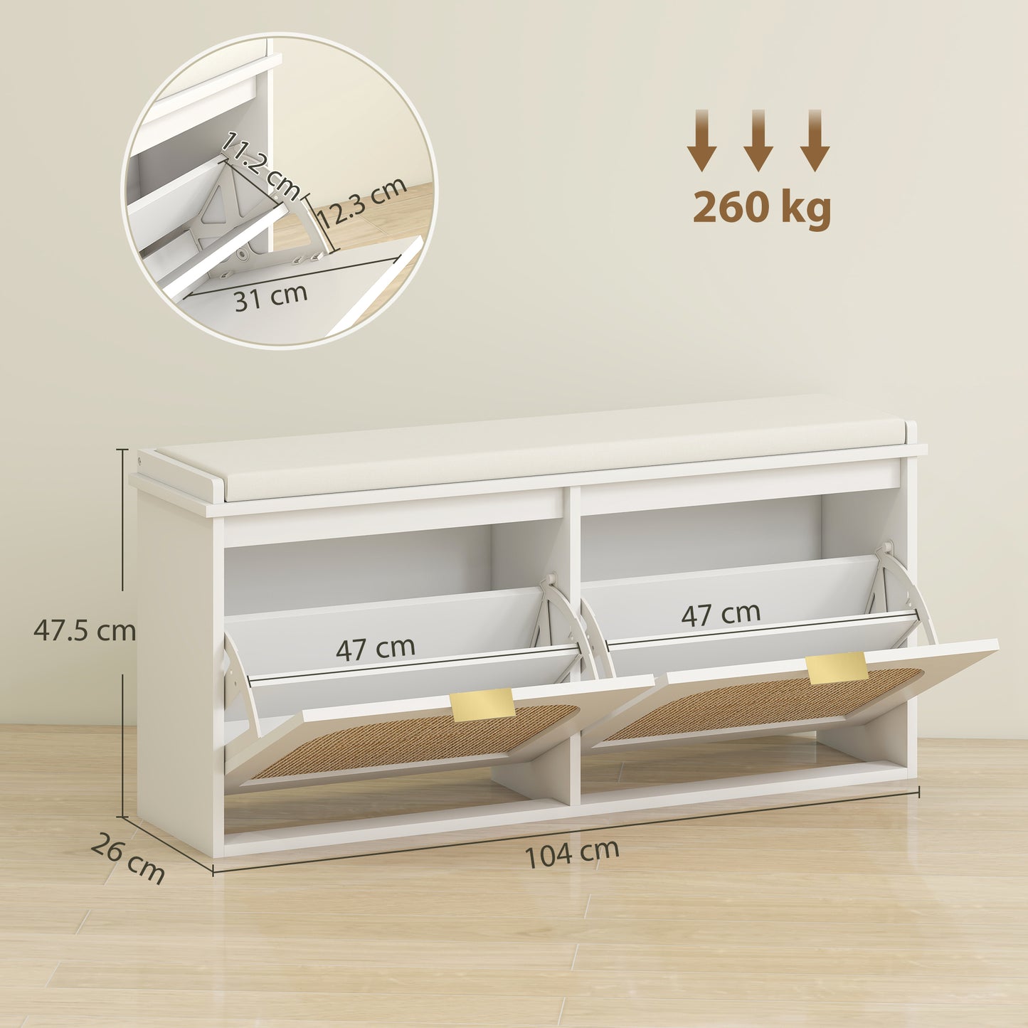 Boho Shoe Bench with Padded Seat and 2 Flip-Drawers, White