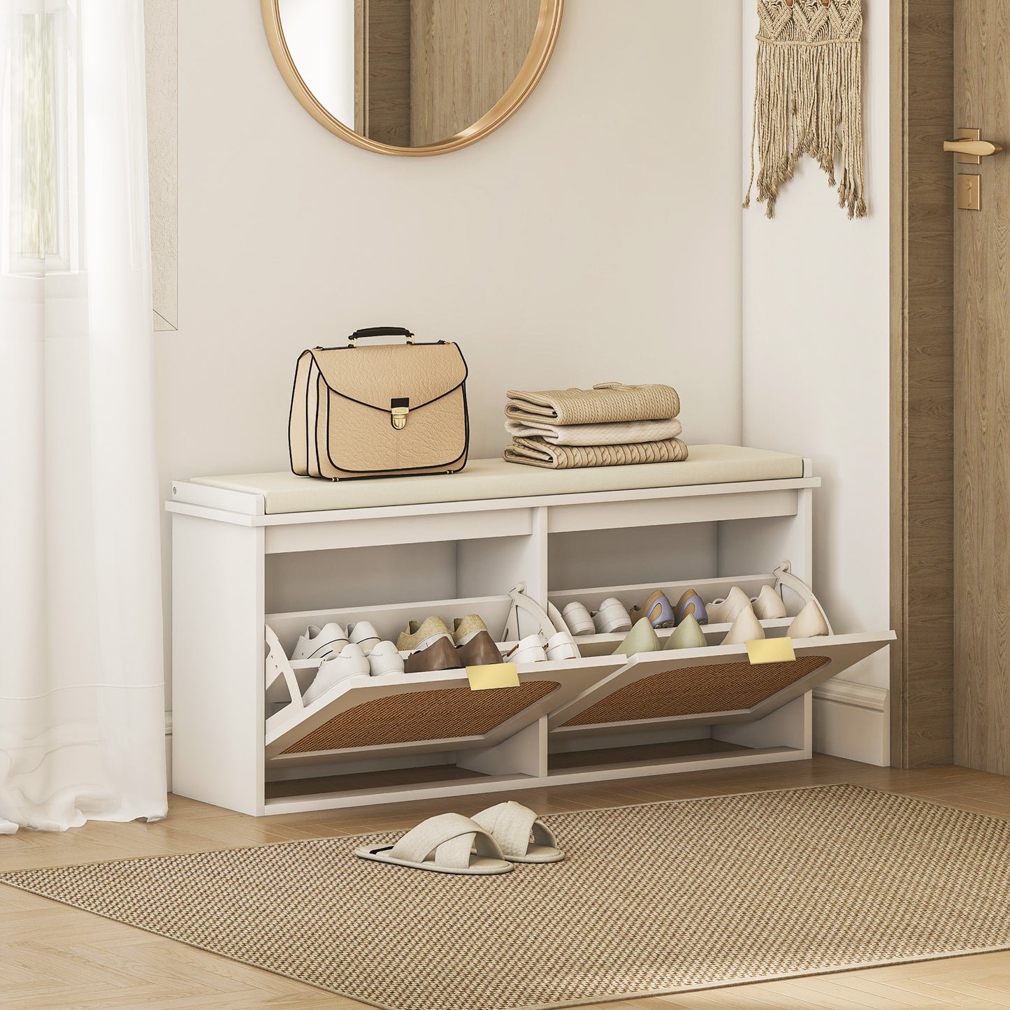Boho Shoe Bench with Padded Seat and 2 Flip-Drawers, White