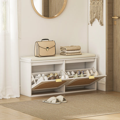 Boho Shoe Bench with Padded Seat and 2 Flip-Drawers, White