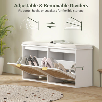 Boho Shoe Bench with Padded Seat and 2 Flip-Drawers, White