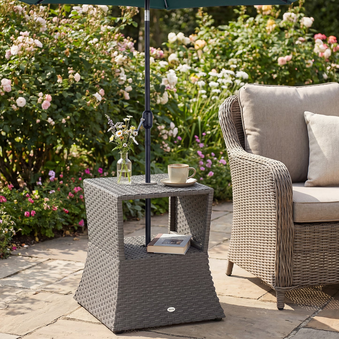 Rattan Wicker Tea Coffee Table w/ Umbrella Hole Dark Grey