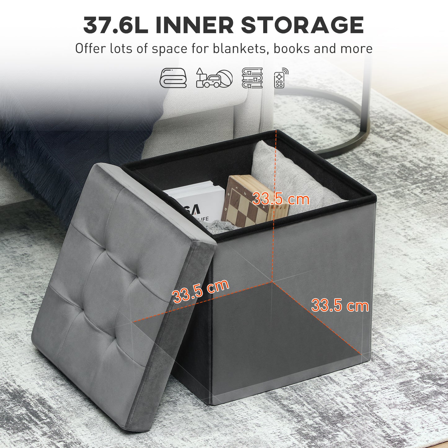 Foldable Velvet-Feel Storage Ottoman, 38 x 38 x 38 cm, Grey