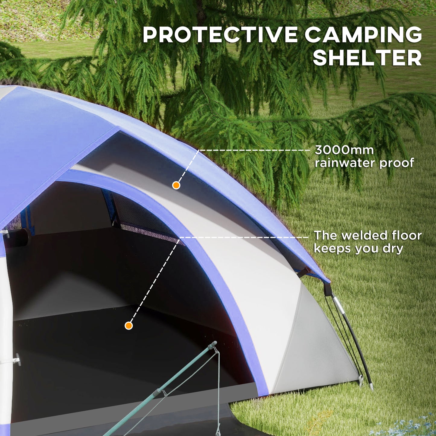 2 Man Camping Tent w/ Sewn-in Groundsheet, 3000mm Waterproof, Blue