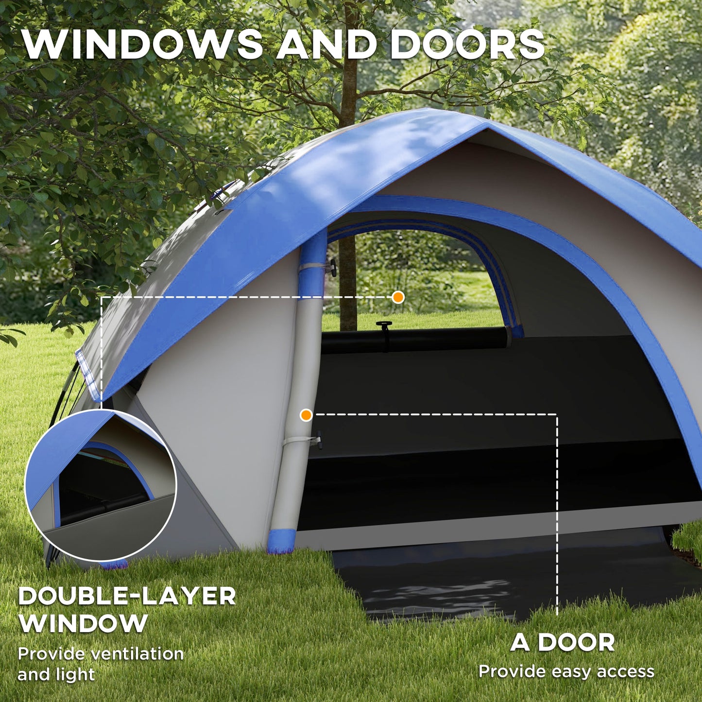 2 Man Camping Tent w/ Sewn-in Groundsheet, 3000mm Waterproof, Blue