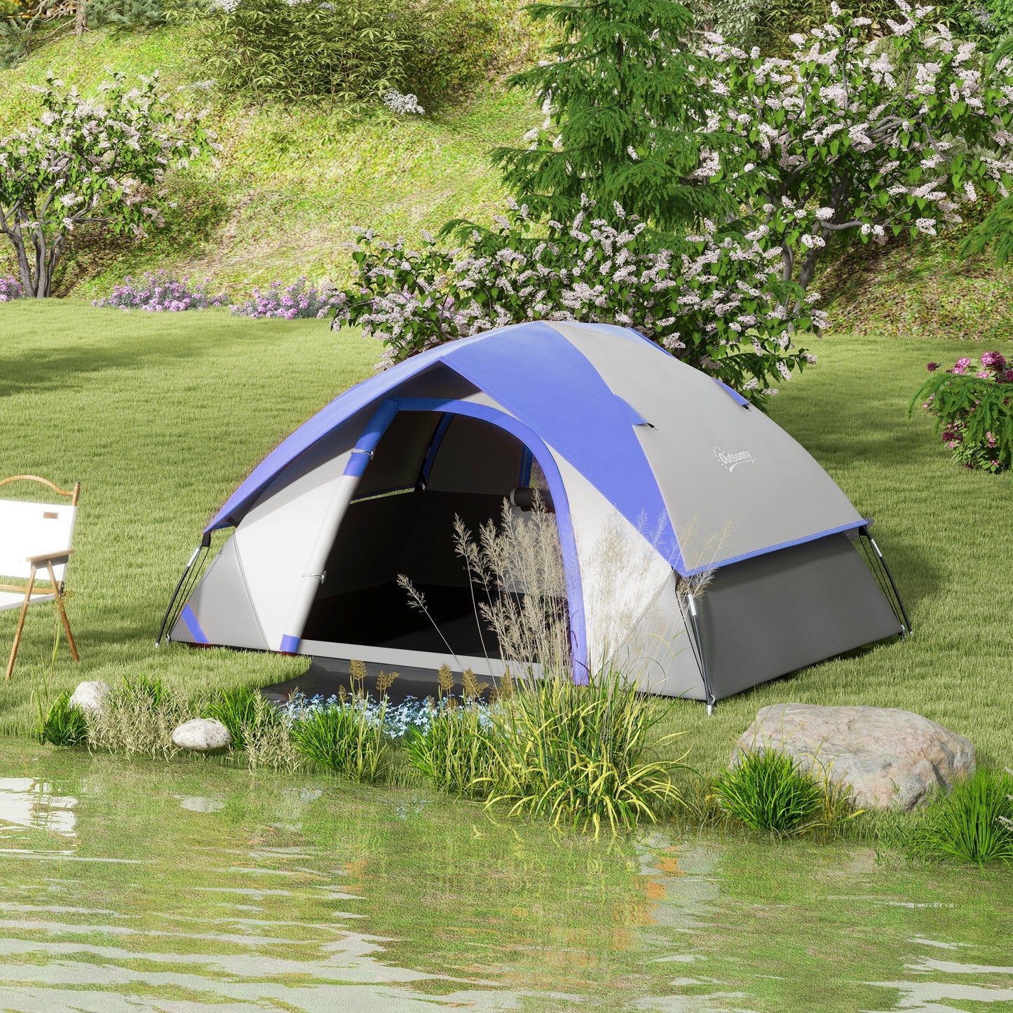 2 Man Camping Tent w/ Sewn-in Groundsheet, 3000mm Waterproof, Blue