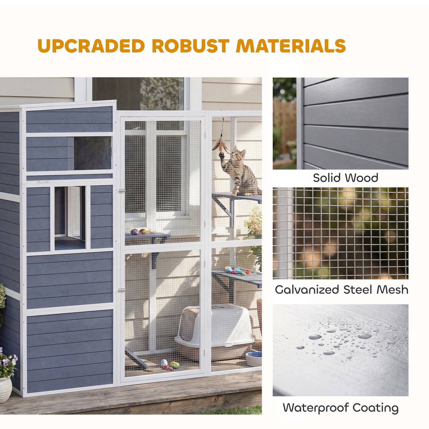 Wooden Catio with Spacious Resting Rooms, 3 Platforms, Window, Grey