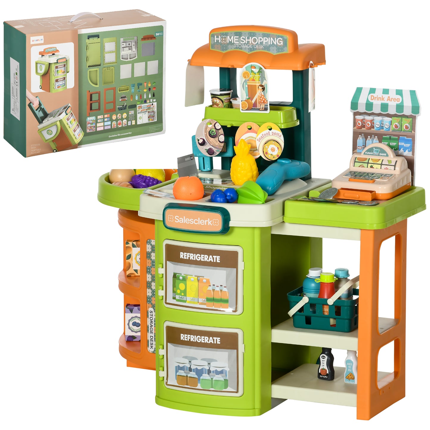 AIYAPLAY Cash Register for Kids Children Trolley, 58 Pcs Foldable Toy Shop Pretend Play Till w/ Scanner, Beverage Food Vegetable, for Kids Aged 3-6