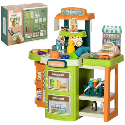 AIYAPLAY Cash Register for Kids Children Trolley, 58 Pcs Foldable Toy Shop Pretend Play Till w/ Scanner, Beverage Food Vegetable, for Kids Aged 3-6