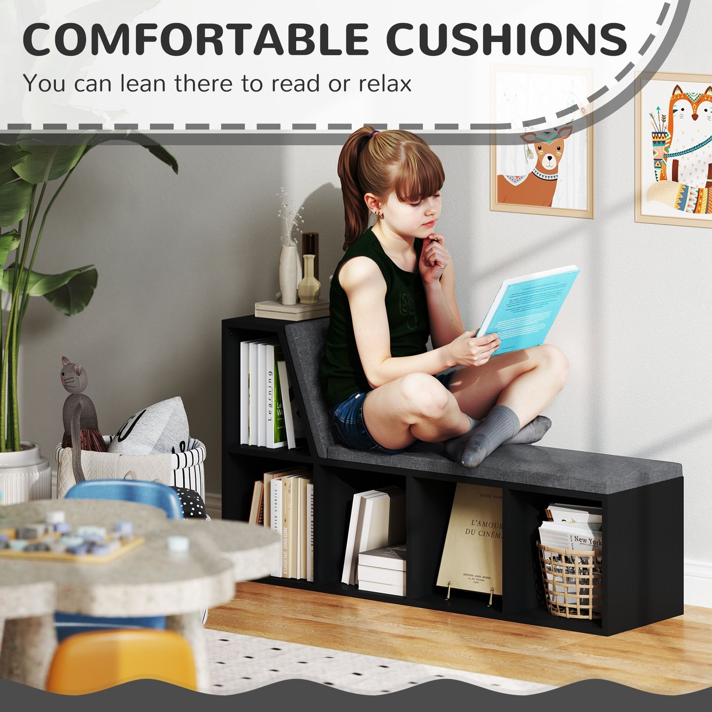 2 Tier Bookcase w/ Removable Cushions Storage Cabinet for Living Room