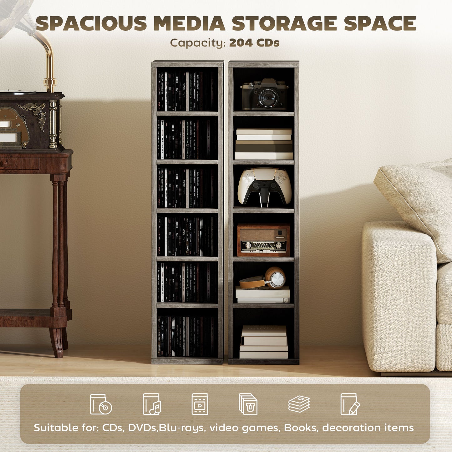 Set of 2 CD Storage Units with Adjustable Shelves, Distressed Grey