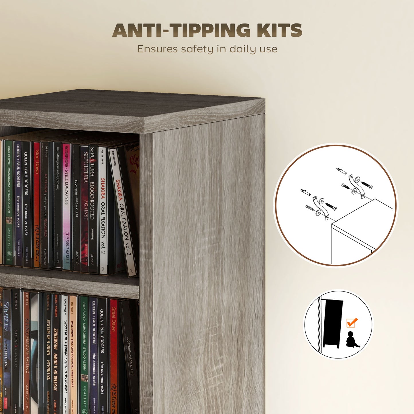 Set of 2 CD Storage Units with Adjustable Shelves, Distressed Grey
