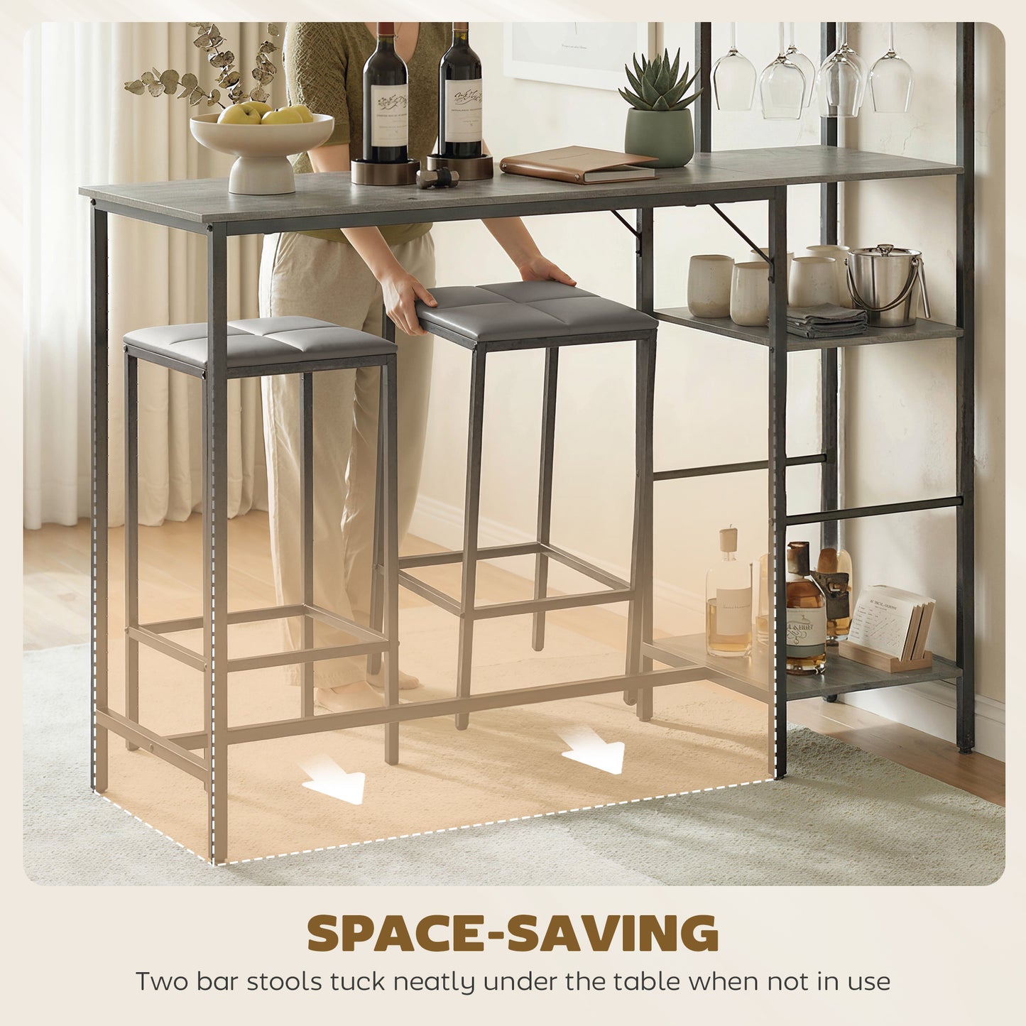 3Pcs Breakfast Bar Table and Stools Set 4-tier shelving, Washed Grey