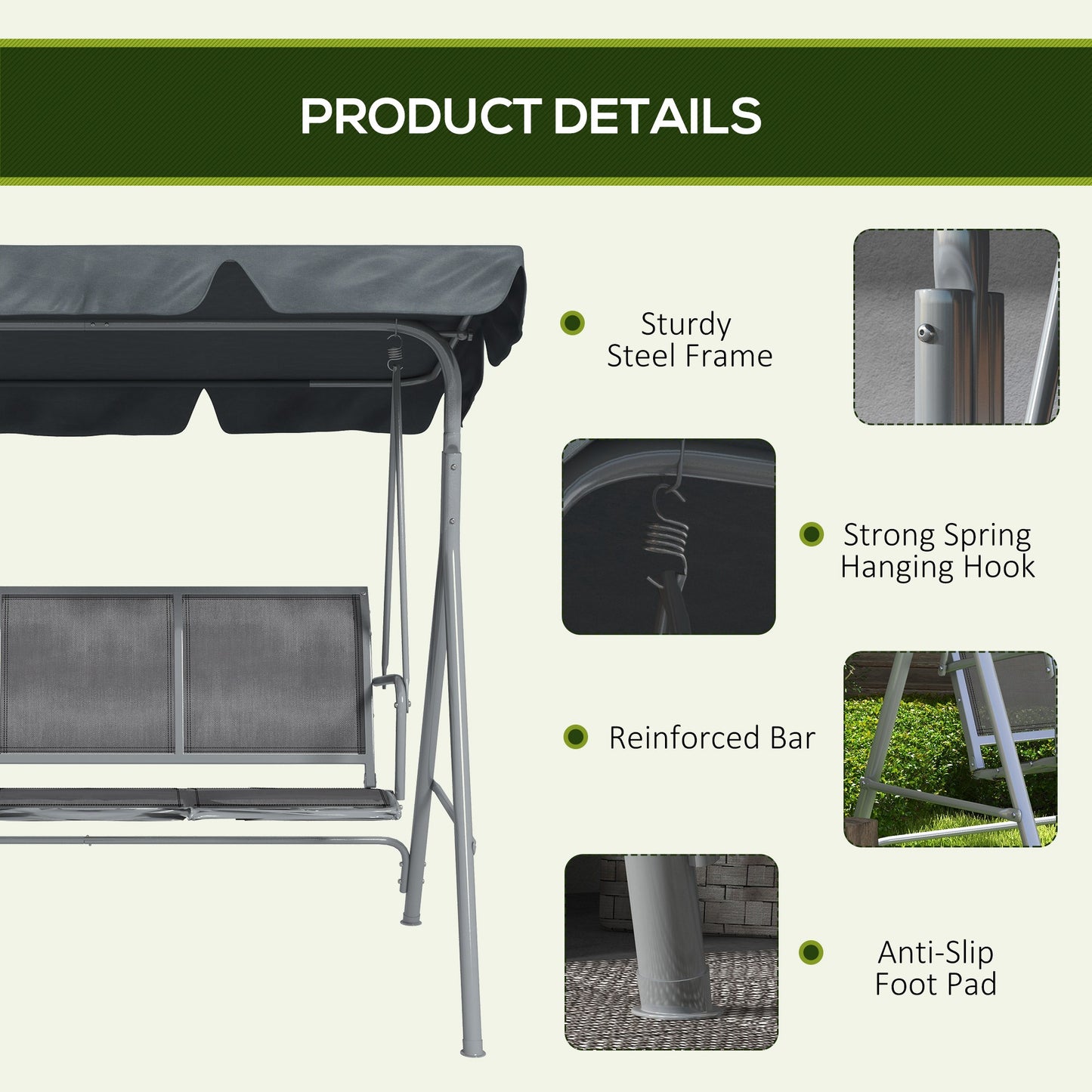 Metal Swing Chair 3 Seater Patio Bench w/ Canopy, Dark Grey