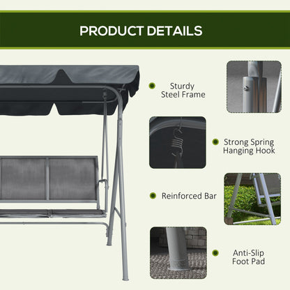 Metal Swing Chair 3 Seater Patio Bench w/ Canopy, Dark Grey