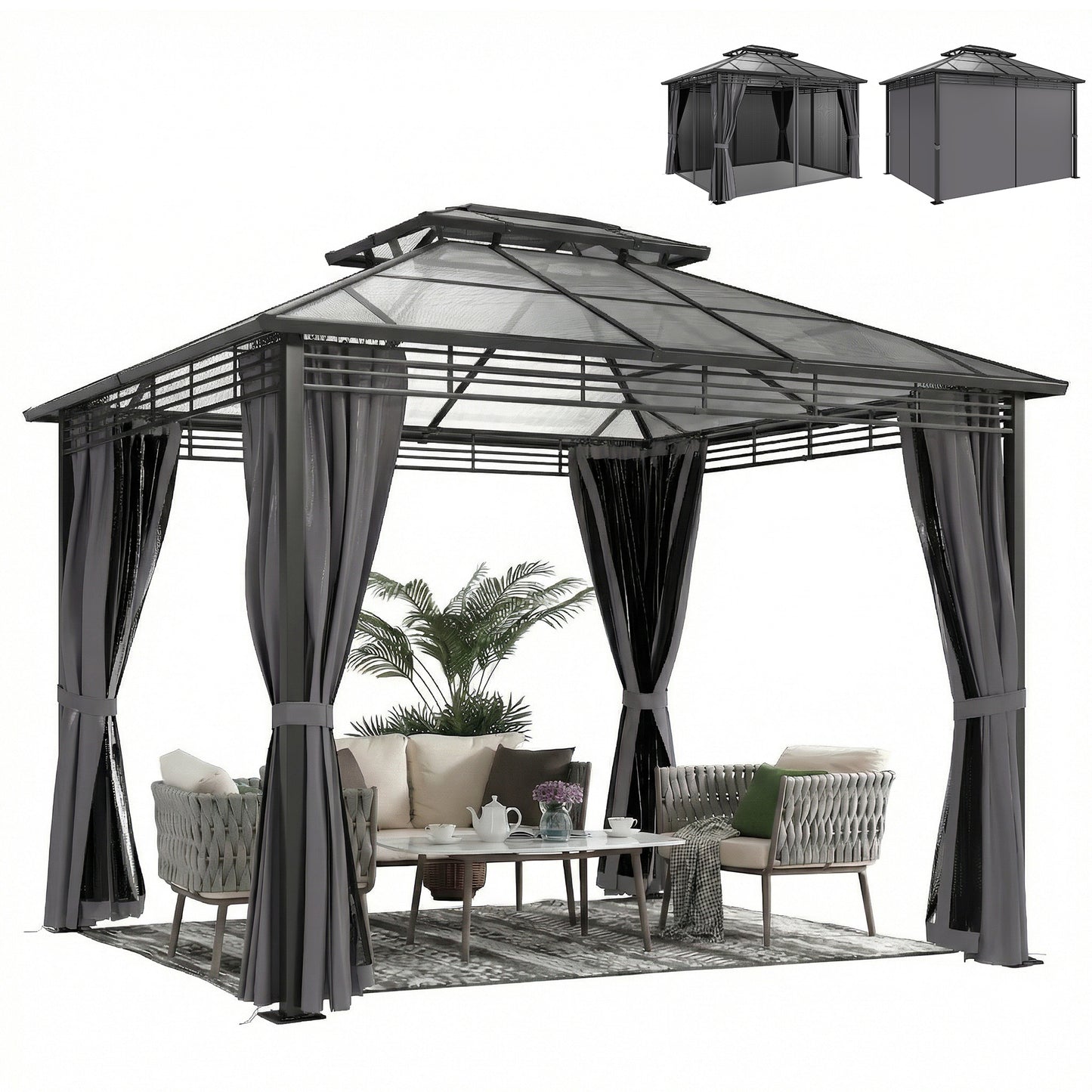 3 x 3.6 m Hardtop Gazebo with Sides, 2-Tier Roof Garden Gazebo