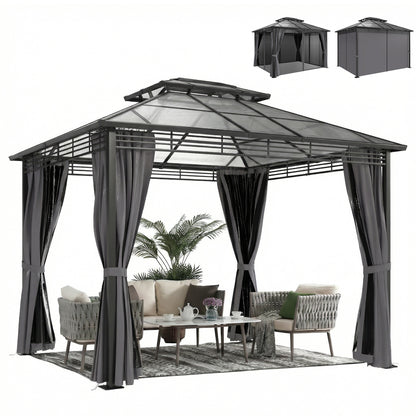 3 x 3.6 m Hardtop Gazebo with Sides, 2-Tier Roof Garden Gazebo