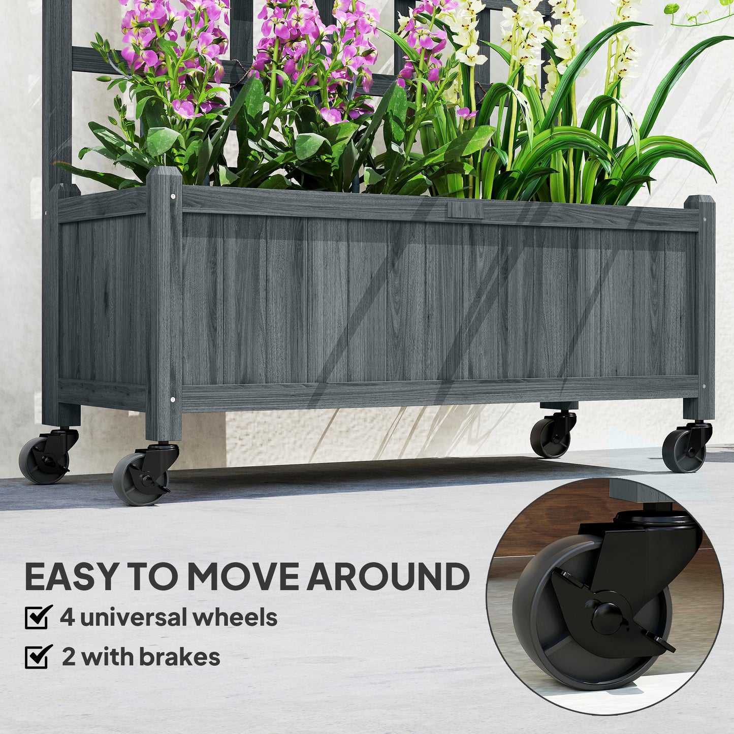 Wooden Trellis Planter, Raised Garden Bed with Wheels, Grey