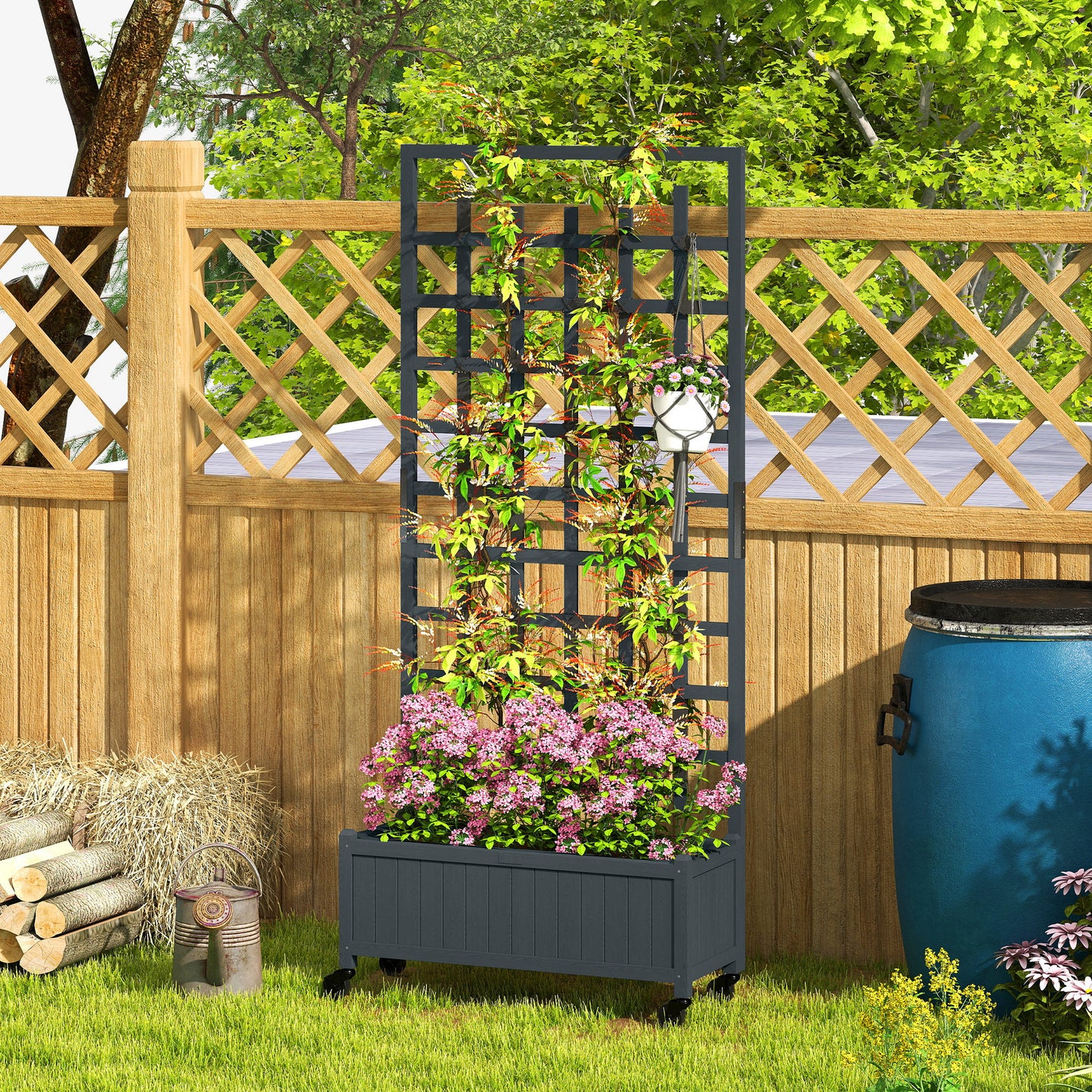 Wooden Trellis Planter, Raised Garden Bed with Wheels, Grey