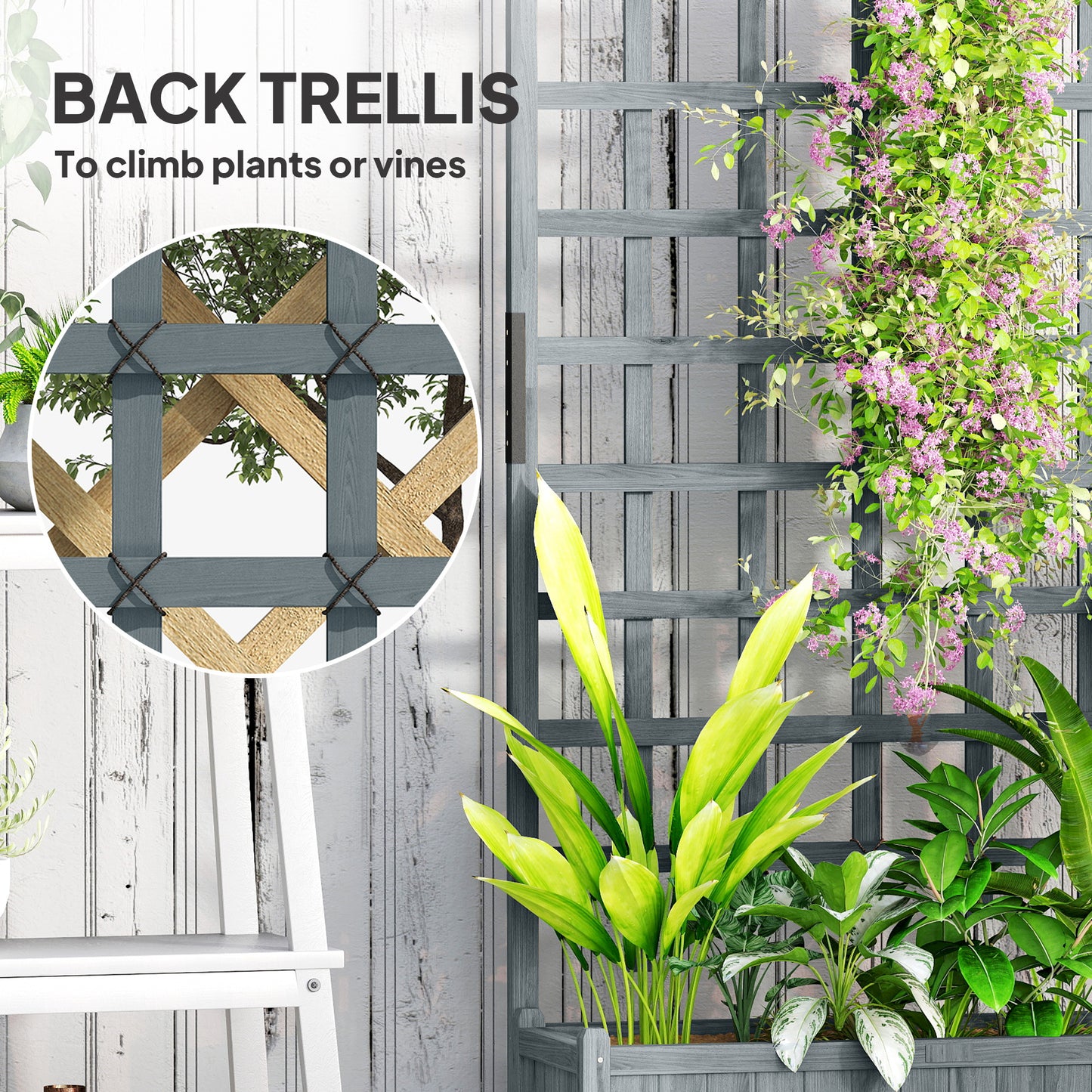 Wooden Trellis Planter, Raised Garden Bed with Wheels, Grey