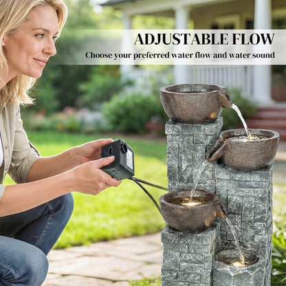4-Tier Outdoor Fountain with LED Lights, Grey and Rustic Brown